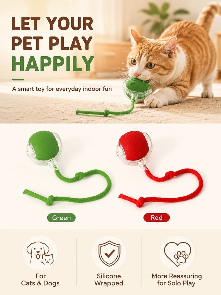 Pallina interattiva intelligente per animali domestici, a rotolamento automatico